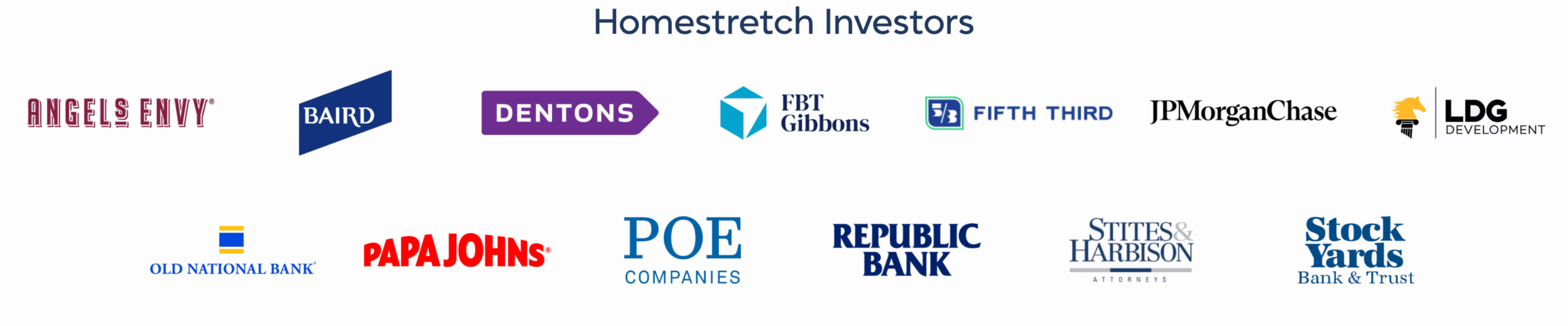 Homestretch Investors: Angel's Envy Baird Dentons FBT Gibbons Fifth Third JPMorganChase LDG Development Old National Bank Papa Johns Poe Companies Republic Bank Stites & Harbison Stock Yards Bank & Trust