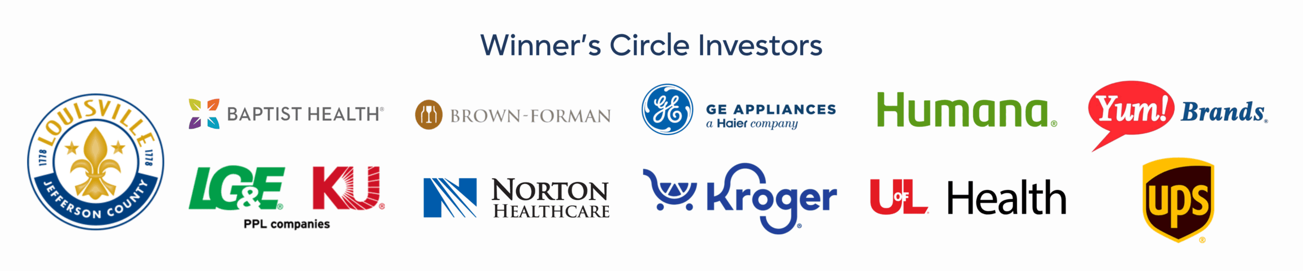 Winner's Circle Investors: Louisville Metro Government Baptist Health Brown-Forman GE Appliances, a Haier Company Humana Yum! Brands LG&E and KU Energy Norton Healthcare Kroger UofL Health UPS